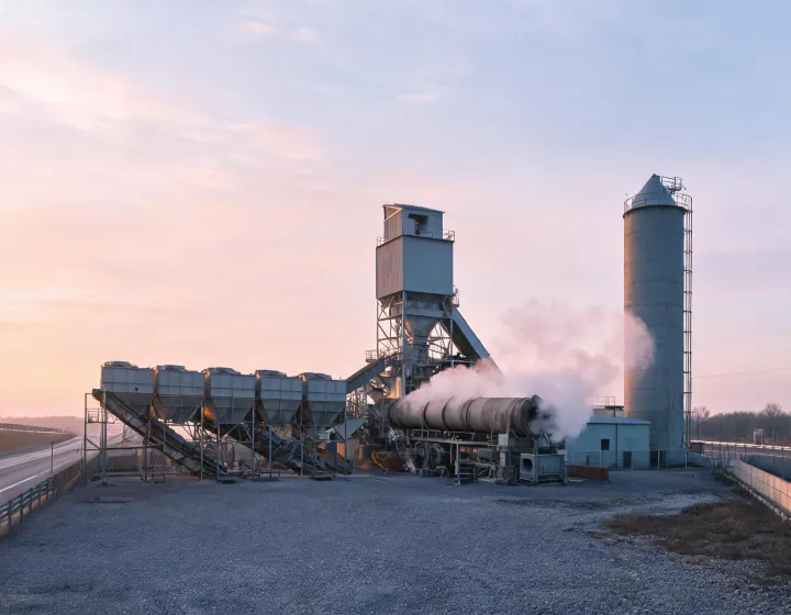 Astec asphalt mixing plant drum and baghouse on highway paving yard