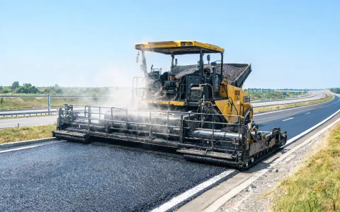 Asphalt paver laying hot mix