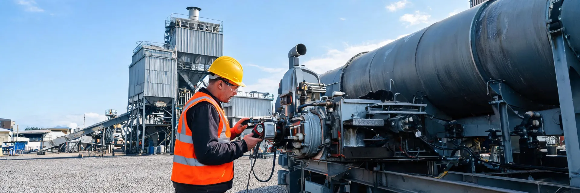 Technician calibrating asphalt plant burner on continuous drum mix line
